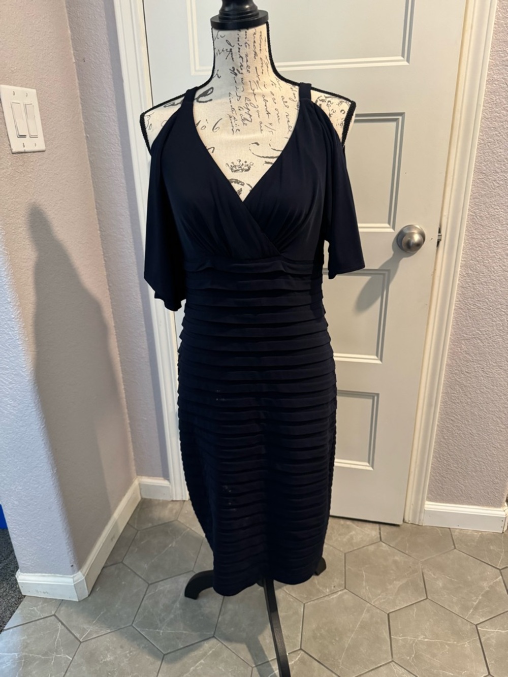 London Times dark blue Ruched Midi Dress with Cold-Shoulder Detail